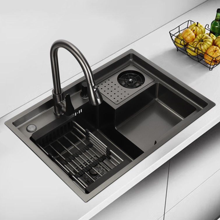 Single Bowl Stainless Steel Kitchen Sink with Drying Basket & Cup Washer &  Faucet